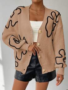 Chiquease Cardigan de Manga Longa com Botões e Padrão Colorido em Contraste para Mulheres - Marrom Claro - Visão 5