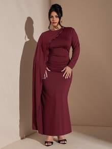 SHEIN BAE Plus Size Women's Elegant, Burgundy Autumn Formal Party Dress,Cape Sleeves Asymmetrical Pleated Hem,Side Slit Ruched Curvy Tight Solid Color Dress - Burgundy - View 4
