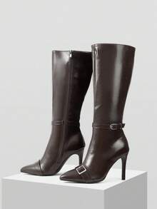 Mnmlis Women's Pointed Toe Knee-High Boots With Stiletto Heel, Zipper And Buckle Closure, Leather Upper - Brown - View 2