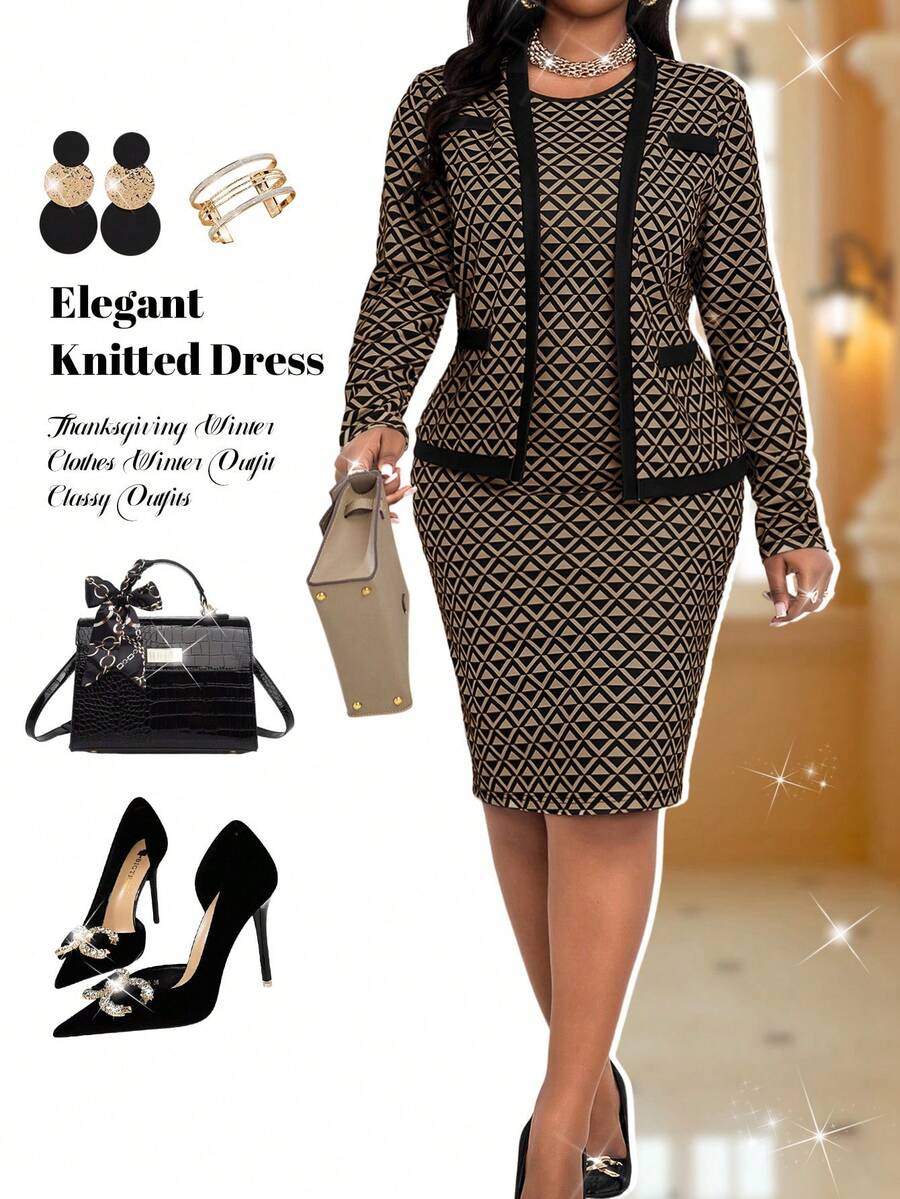 Fleurora New Autumn And Winter Elegant Commuting Office Colorful Knitted Pencil Midi Long Sleeve Plus Size Co-Ords Winter Clothes For Women Thanksgiving Winter Clothes Winter Outfit Classy Outfits Stylish Clothing Collection Winter Clothes For Women - Multicolor - View 1