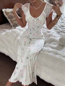 CottageSlumber Tulip Pattern Cuff Lace Trim Comfortable Casual Women Nightgown - White - View 6