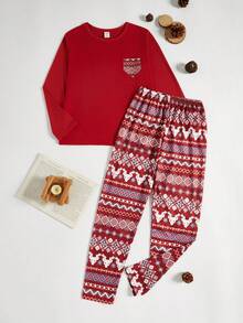 2件套女童休闲图案印花长袖上衣和裤子睡衣套装 - 紅色 - 查看 3