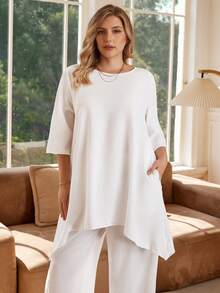 Rosumi 大码女式夏季宽松上衣，带口袋和裤子，休闲白色亚麻套装，不对称下摆和七分袖 - 白色 - 查看 4