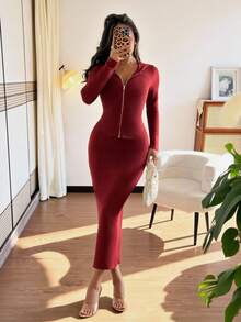 Chiquease 2 Stücke Damen Lässig Everyday Passende Gerippte Strick Strickjacke und Rock Set, Slim Fit, Herbst/Winter - Rot - Übersicht 3