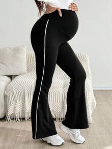 SHEIN 秋季、秋冬季、孕妇装、秋冬季孕妇装、秋冬季保暖内衬撞色滚边喇叭裤、孕妇裤、孕妇打底裤、孕期、产后孕妇连体裤（女款） - 黑色 - 查看 5
