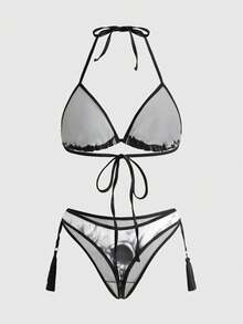 ROMWE Goth Conjunto de lencería sexy con sujetador triangular inalámbrico, cordones y flecos con diseño de esqueleto gótico - Multicolor - Ver 2