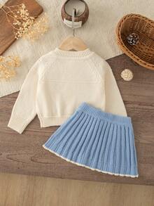 SHEIN 女婴圆领针织喇叭裙套装，可爱甜美秋冬季女婴针织套装，女婴毛衣套装半裙套装，针织两件套，秋冬女婴连衣裙，女婴秋冬针织服装，女婴毛衣套装，女婴针织两件套，女婴冬季服装，女婴秋季毛衣 - 米色 - 查看 2