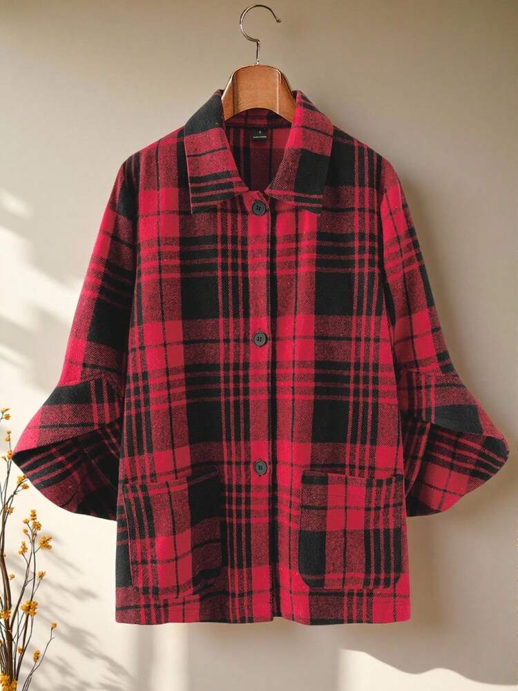 Women's Fashionable Plaid Woolen Overcoat, Autumn/Winter Plaid Oversized Christmas New Year Plaid Overcoat