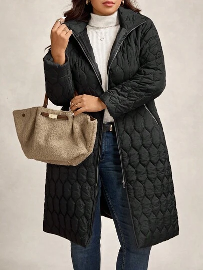 Zelara Plus Size Women's Solid Color Long Sleeve Zip-Up Collar Casual Quilted Hooded Winter Coat Winter Outerwear Black Top