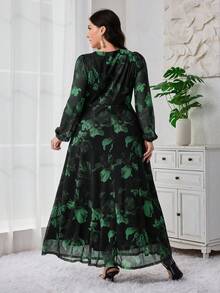 Modelyn Đầm dạ hội dài tay bồng bềnh họa tiết hoa cổ chữ V thanh lịch cho nữ cỡ lớn - màu xanh lá - Xem 2