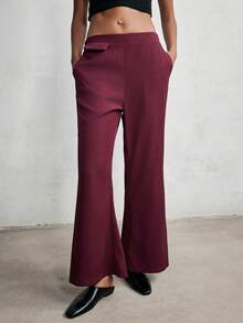 SHEIN Luminelle 秋冬无领西装套装，垫肩西装外套，配不对称纽扣金属腰带；喇叭裤，配松紧腰带 - 紅色 - 查看 7