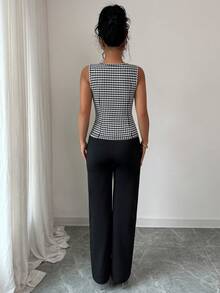 Elenzga Ladies Elegant Houndstooth Vest Top And Pants 2 Pieces Set - Black - View 2