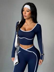 Dewbera 无缝高弹力瑜伽健身女士运动交叉腰撞色套装 - 藏蓝色 - 查看 3