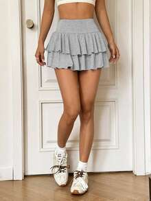 SHEIN EZwear 女式黑色双层荷叶边下摆A字短裙，适合夏季外出穿着 - 灰色 - 查看 4