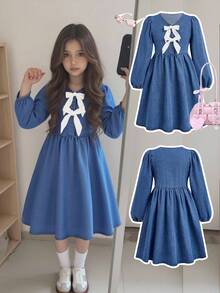 SHEIN 女童超大白色蝴蝶结点缀蓝色牛仔泡泡袖宽松连衣裙 - 中等水洗藍 - 查看 1