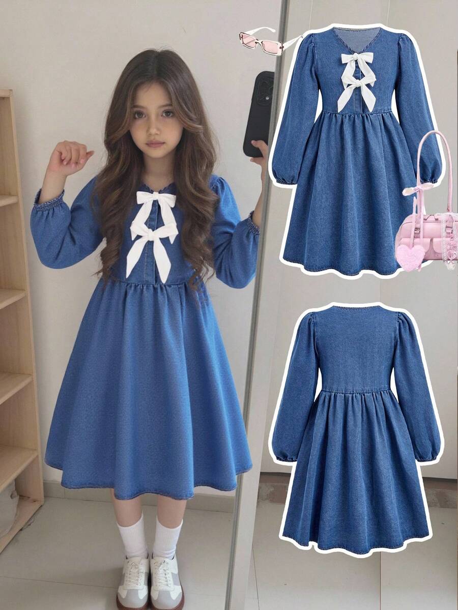 SHEIN 女童超大白色蝴蝶结点缀蓝色牛仔泡泡袖宽松连衣裙 - 中等水洗藍 - 查看 1