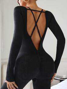 SHEIN Sports 露背长袖和长裤连体裤，性感运动紧身衣，女士 - 黑色 - 查看 6