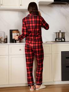 SHEIN Women's Casual Red Plaid Print Long Sleeve Top & Pants Pajama Set With Collar Fall Winter Clothes, Christmas - Multicolor - View 7