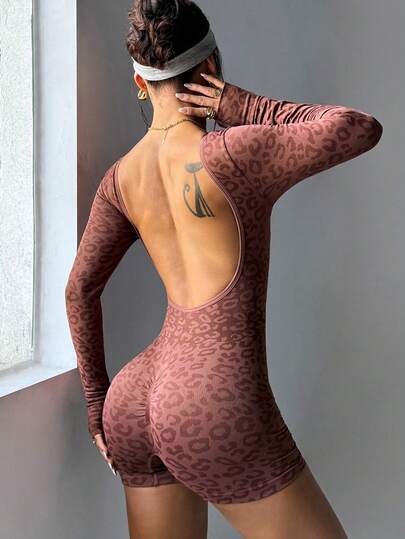 Slayoga Macacão esportivo feminino sem costura com estampa de leopardo e costas nuas, manga comprida