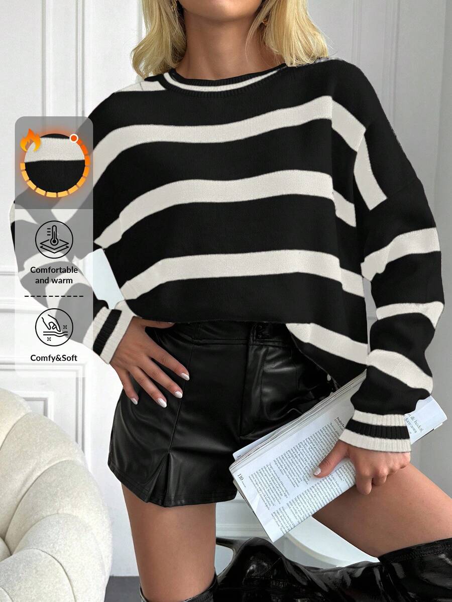 RueChic Striped Pattern Drop Shoulder Sweater - Multicolor - View 1