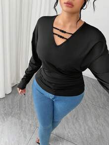 Elenzga 大码女式复古优雅休闲褶皱V领串珠蝙蝠袖上衣，适合春季、夏季、秋季、万圣节、圣诞节穿着。 - 黑色 - 查看 2