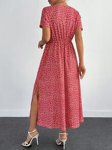 EURMUSE Women's Summer Vacation Ditsy Floral Surplice Neck High Slit Waist Tie Dress - Red - View 2
