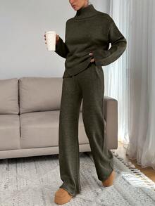 SHEIN Tall Women Relaxed Fit Turtle-Neck Sweater With Rib Knit Detailed And Straight Knit Pant Set - Army Green - View 3