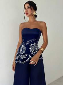 Firerie Bộ 2 món áo ống viền bất đối xứng và quần ống rộng cạp cao thanh lịch, lãng mạn, giản dị, dành cho nữ, mùa hè - Màu xanh hải quân - Xem 3