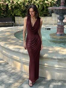 Aloruh New Fashionable Elastic Fitted Waist Plunging Neck Maxi Mesh Party Dress, Sexy & Slimming,Wedding Guest Dress Women,Red Dress,Christmas,New Year Dress