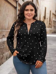 Mellowie Locker sitzendes Langarm-T-Shirt mit Rundhalsausschnitt und halbem Reißverschluss in Übergröße