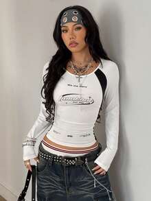 Coolane 女式冬季/秋季街头休闲比赛日返校休闲棉质撞色深蓝色圆领长袖T恤 - 白色 - 查看 4