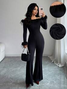 Selianne 女士优雅时尚通勤休闲舒适迷人复古浪漫假日长袖露肩毛茸茸袖口修身纯色连体裤 - 黑色 - 查看 1