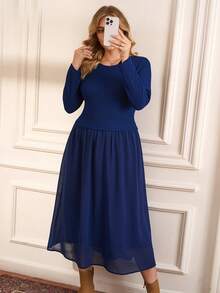 Rosumi Plus Size Solid Color Long Sleeve Casual Dress,Autumn Women Elegant Formal Navy Blue Party Dresses For New Year Christmas Winter Clothing Collection - Blue - View 1