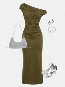 SHEIN 青少年女孩休闲优雅不对称领口褶饰腰部紧身针织长裙，适合万圣节派对、返校装、聚会，橄榄绿