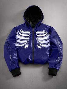 PAVTROS Men's Street Style Autumn PU Zipper Long Sleeve Jacket Hooded Jacket Graphic Jackets Zip Up Cool Jacket Skeleton Jacket Zip Up Jacket - Blue - View 7