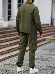 Manfinity Homme 男士纯色长袖单排扣工装口袋衬衫和裤子休闲西装秋季服装 - 軍綠色 - 查看 2