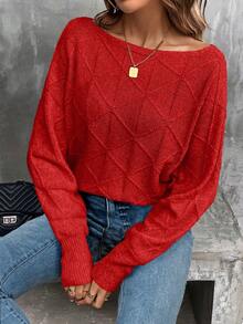 EMERY ROSE Women's Casual Solid Color Crew Neck Long Sleeve Sweater - Red - View 5