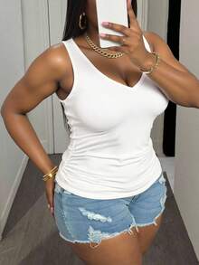 SHEIN Slayr Plus Size Women's All-Match Casual V-Neck Camisole Tank Top, Solid Color, Versatile - White - View 3