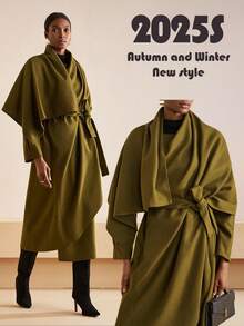 Zivah 2025冬季新款圣诞新年生日派对宴会学院风学生日常外出百搭休闲邮轮旅行网红热销街头风优雅通勤商务休闲不对称领长袖腰带不对称下摆宽松军绿色大衣冬季长款圣诞外套新年外套女式外套 - 橄欖綠 - 查看 3