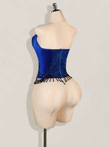 SHEIN ICON Áo crop top hình xương cá dơi phong cách Halloween dành cho nữ - Màu xanh lam - Xem 2