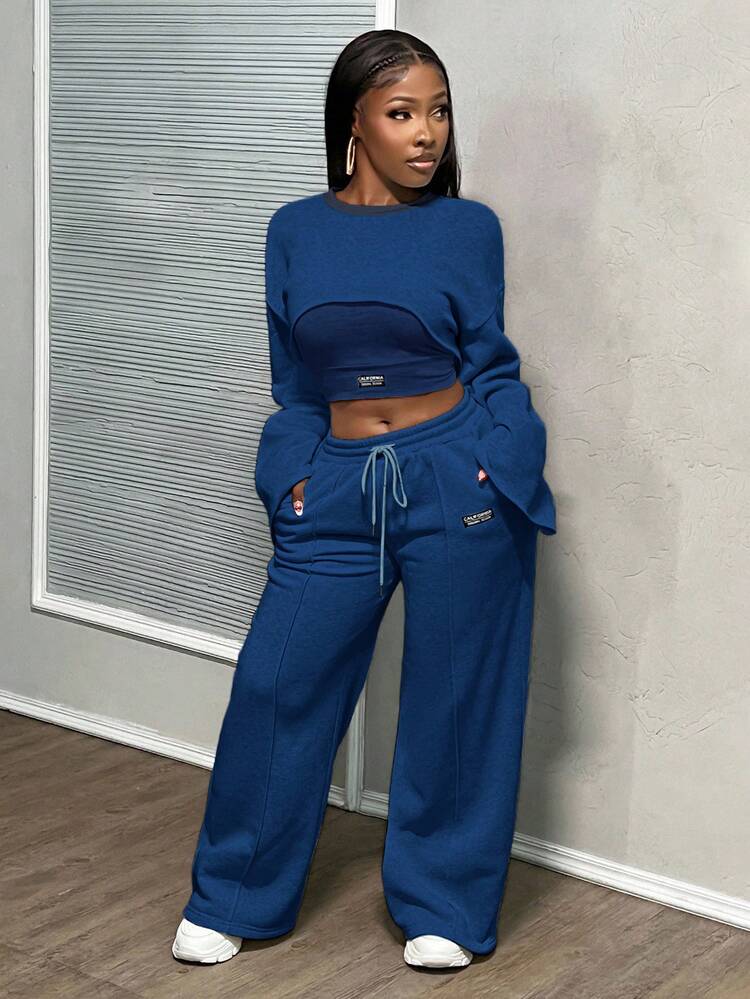 Slaydiva Conjunto feminino casual de 3 peças, cor sólida, gola redonda, manga comprida, camisola com apliques, calça com cordão na cintura - Azul marinho - Ver 1