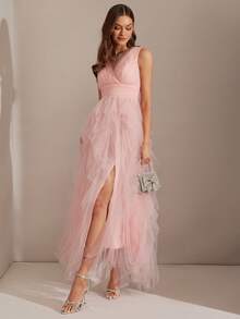 Enchnt 女士优雅雪纺 V 领高开衩无袖派对连衣裙，适合夏季晚会和派对 - 粉色 - 查看 1