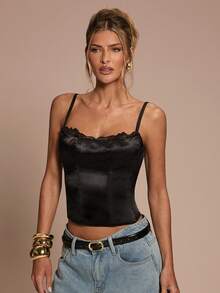 SHEIN BAE Corset cu bretele detașabile din dantelă satinată neagră pentru femei, toamnă și iarnă, corset negru, costum de Halloween, Crăciun, Anul Nou, petrecere, corset sexy, costum sexy pentru femei, club sexy pentru femei, ieșire în oraș