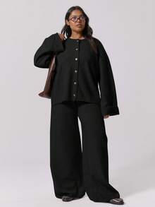 MUSERA Plus Size Boxy Fit Cuff Detail Button Down Fluffy Knit Cardigan Cute Sexy Streetwear Night Out Curve Spring Sweater - Black - View 5
