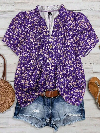 SHEIN CURVE+ Plus Size Random Print Short Sleeve Casual Shirt Boho Tops Plus Size Plus Size Summer Shirt Women Summer Blouses Purple Blouse Women Summer Casual Tops Purple Floral Top Women Summer Blouses