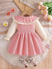 SHEIN Baby Girls Ruffled Collar Floral Knitted Sweater Dress, Soft & Versatile Long Sleeve Princess Style Pullover Dress, Suitable For Autumn/Winter Holidays Collared Baby Girl Dress Pink Warm Dresses For Baby Girl Baby Girl Long Sleeve Dress Ruffle Long Sleeve Blouse Baby Girl Clothes Spring Fall - Pink - View 2