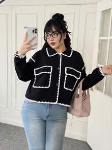 SHEIN EZwear Große Größen Farbblock Taschen Lässig Tweed Jacke, Herbst/Winter - Schwarz und Weiss - Übersicht 6