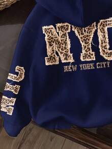 SHEIN EZwear Sudadera azul marino con estampado minimalista casual de NYC y estampado de leopardo, adecuada para otoño/invierno - Multicolor - Ver 3