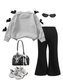 SHEIN Elladie kids 2件套婴儿/幼儿女孩简约时尚粉色蝴蝶结黑色上衣和粉色裤子运动服套装 - 彩色 - 查看 2