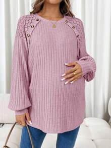 SHEIN Maternity Pink Solid Color Rib Knit Casual Long Sleeve T-Shirt Pullover For Autumn Fall Winter - Baby Pink - View 3